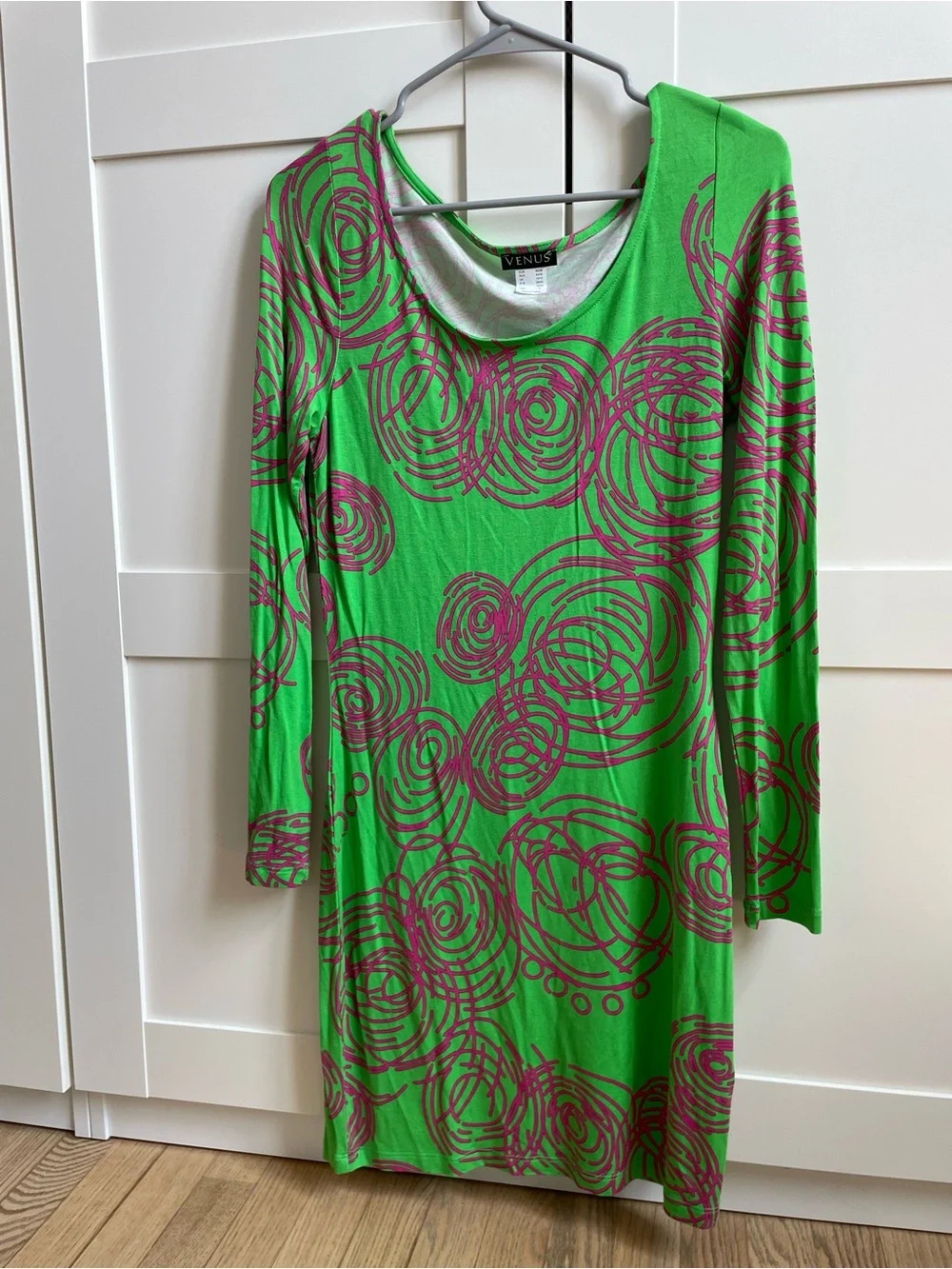 VENUS Green Dress with Pink Swirl Print - Long Sleeve